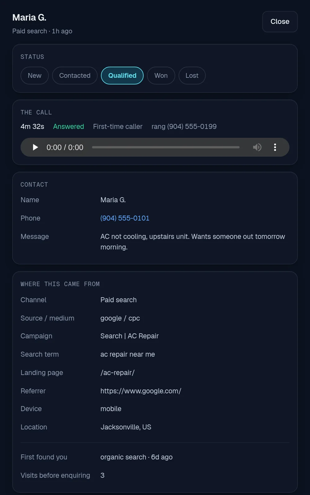 A lead in Clarity showing the call recording, the message, and where it came from: paid search, campaign Search | AC Repair, search term ac repair near me, landing page /ac-repair/