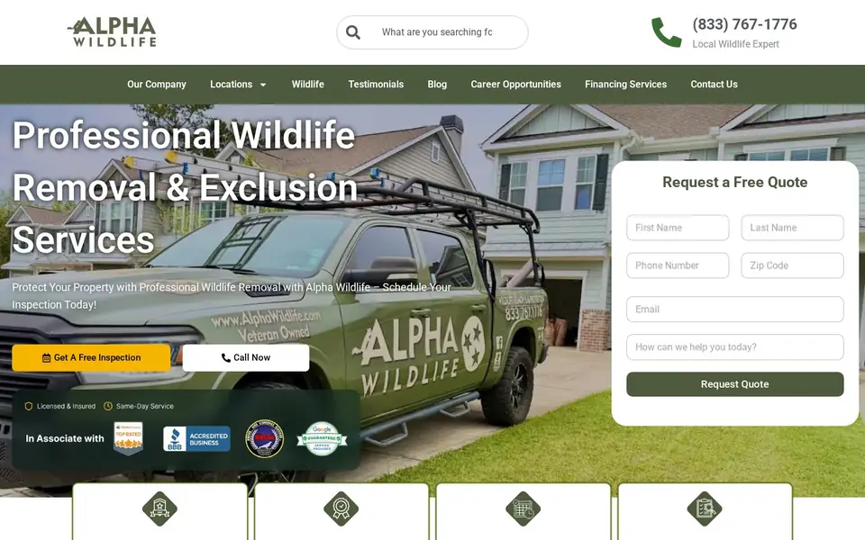 Homepage of Alpha Wildlife, a website designed by Media Spearhead