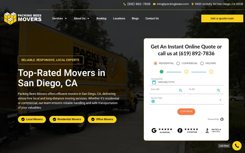 Homepage of Packing Bees Movers, a website designed by Media Spearhead