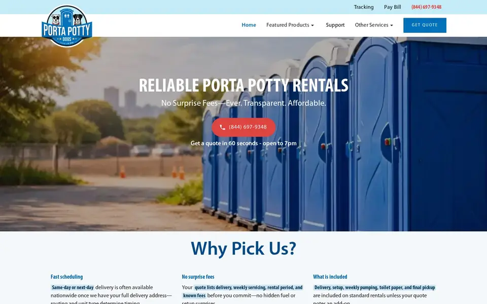 Homepage of Porta Potty Dogs, a website designed by Media Spearhead